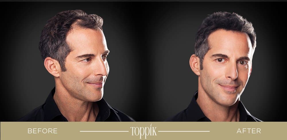 Before and after using Toppik hair building fibers
